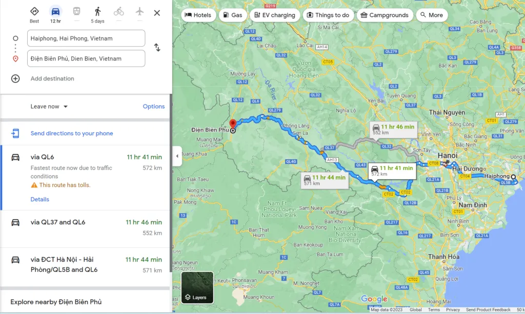 Từ Hải Phòng đi Điện Biên bao nhiêu km?